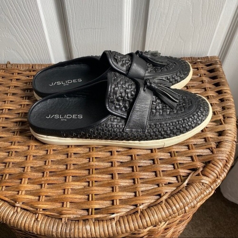 J/Slides NYC CARISSA Woven Leather Slip-on Black Mules Open Back Sneakers sz 9